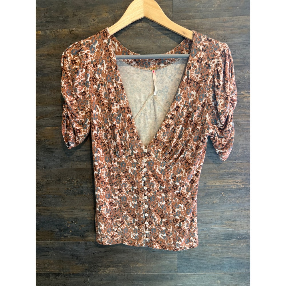 Free People Floral Button Front V-Neck Puff Sleeve Knit Top Small Brown Orange